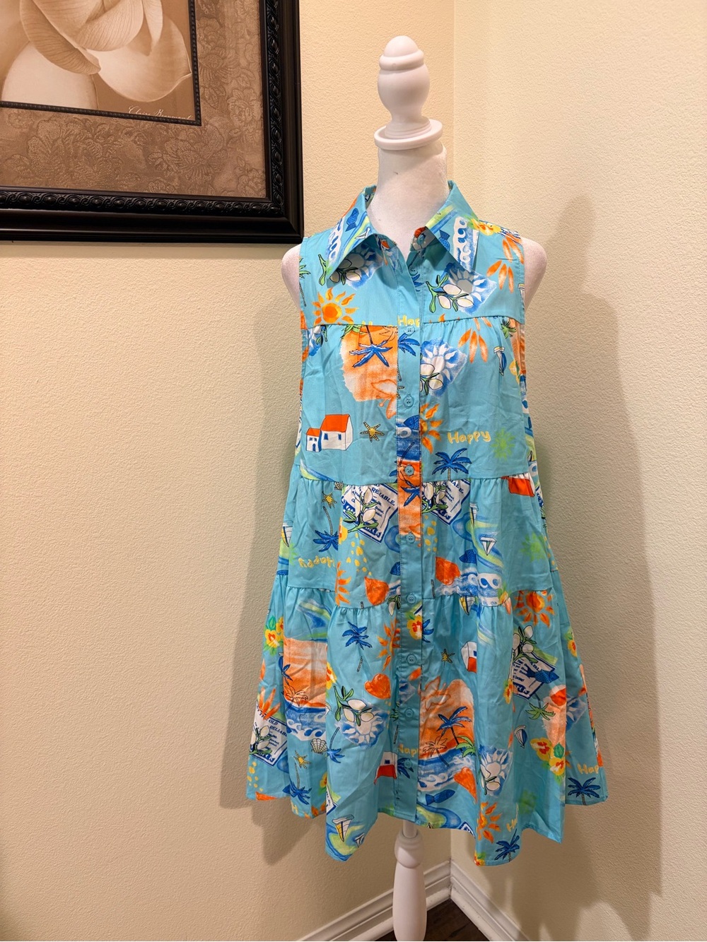 Meet Me in Santorini Sleeveless Turquoise Tropical Print Mini Dress S & L NWT
